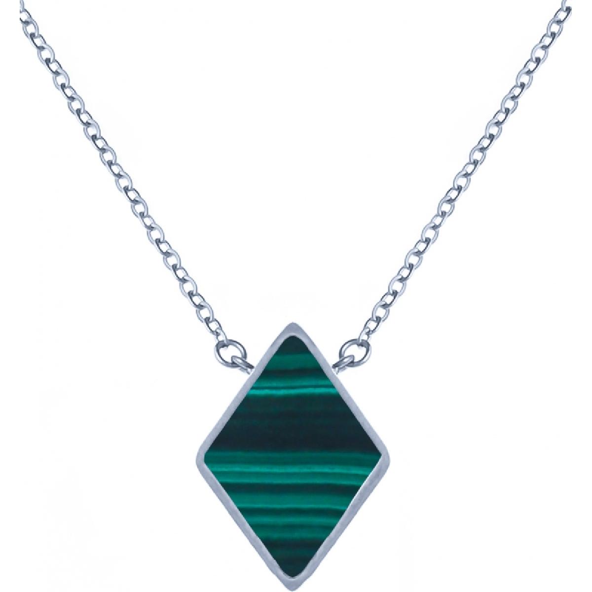 Collier Losange Malachite Central Incrustation Naturelle – Acier Inoxydable Argenté