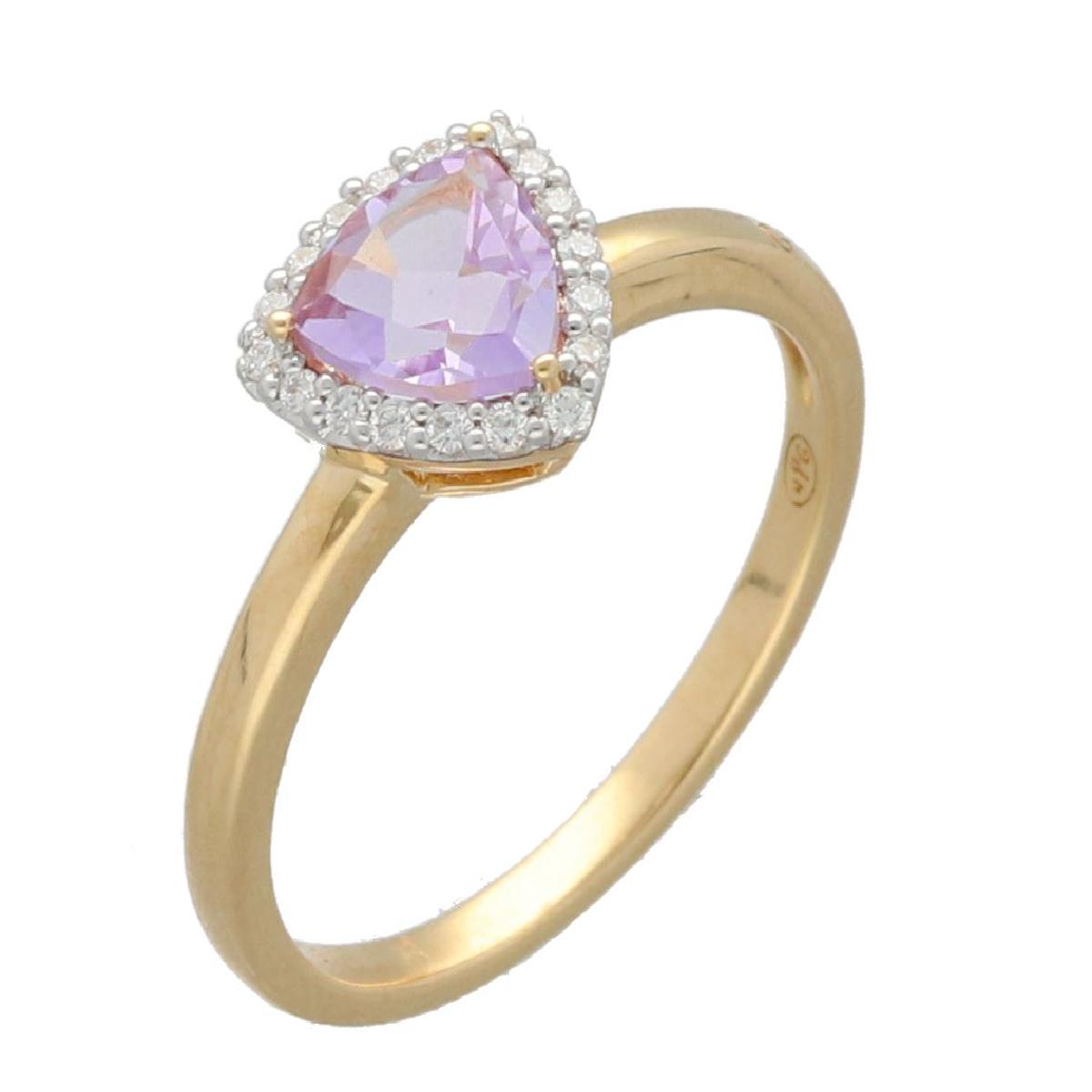 Bague Améthyste Triangulaire Transparente – Or Jaune 18 Carats, Diamants Sertis Tout Autour