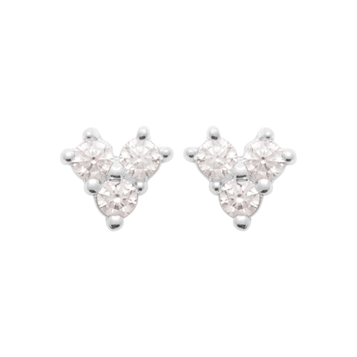 Boucles d'Oreilles AG925 Zirconium Blancs Trois Oxydes Disposés En V – Argent Rhodié