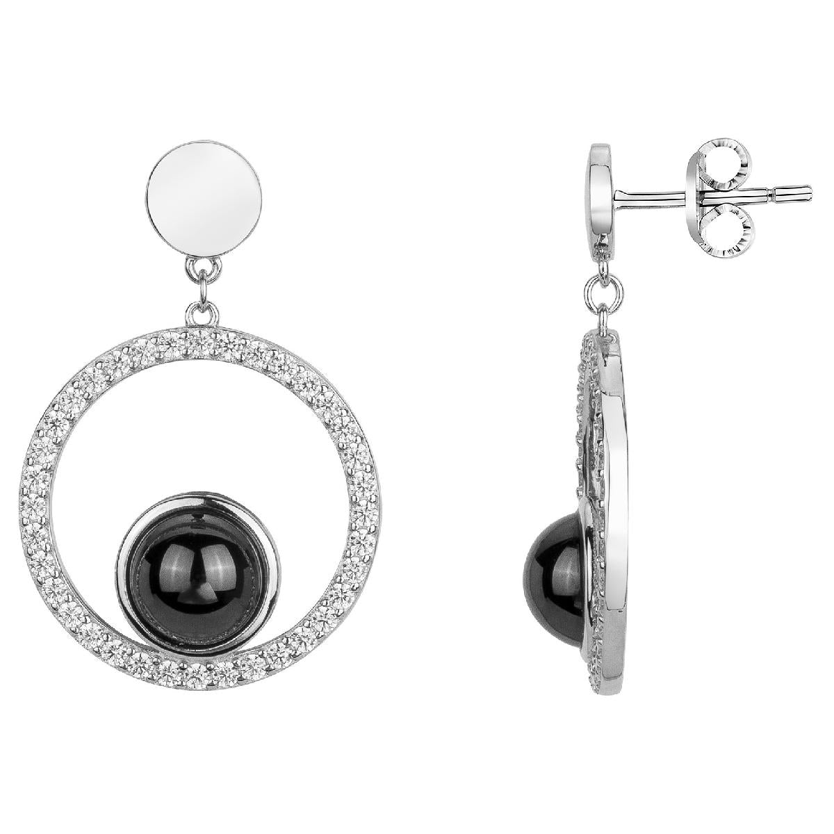 Boucles d'Oreilles Pendantes ALOÏZE Cercle Ajouré Serti D'Oxydes De Zirconium Blancs – Argent Rhodié 925/1000