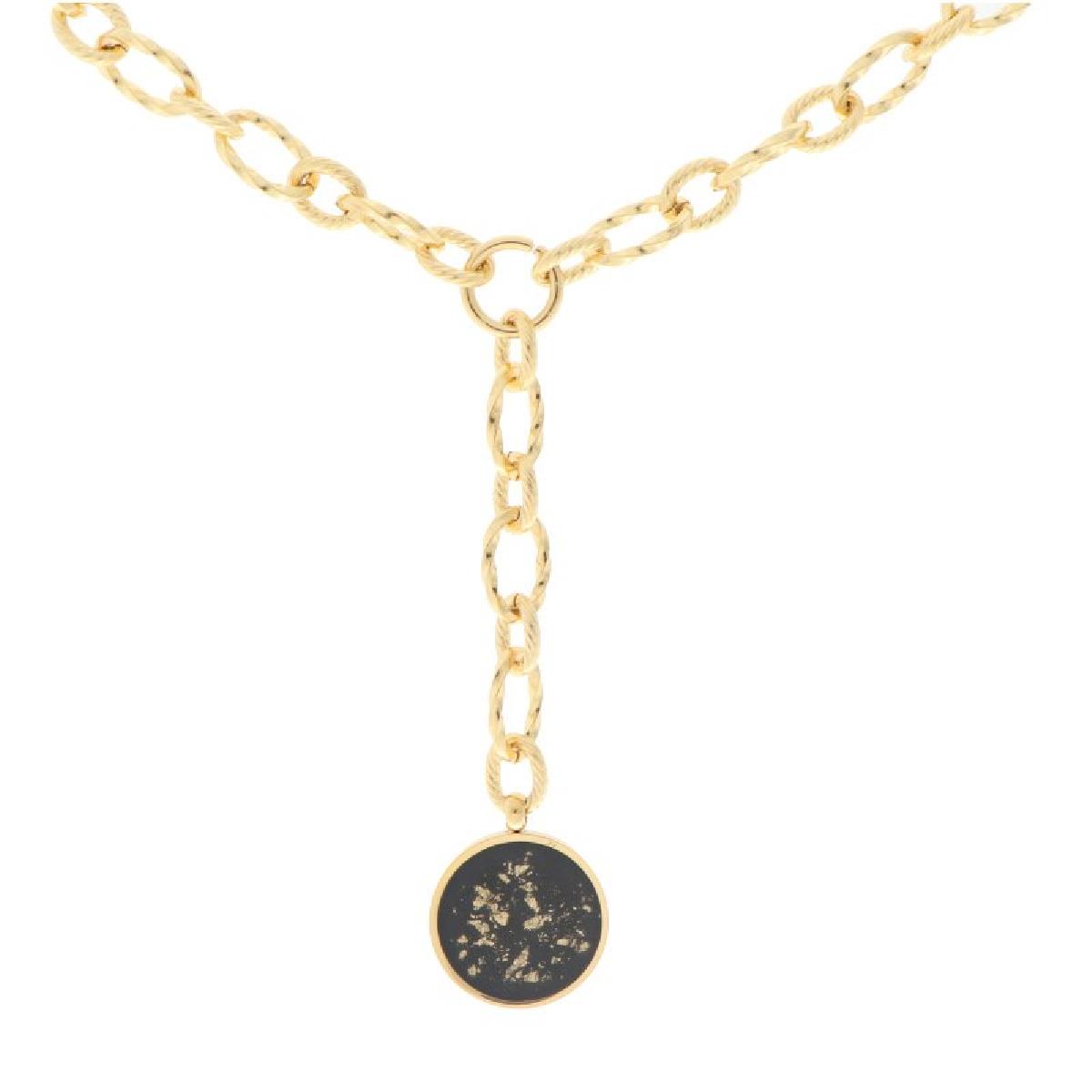 Collier Maille Y Fantaisie Originale Avec Pendentif Rond Noir Et Éclats Dorés - Acier Doré