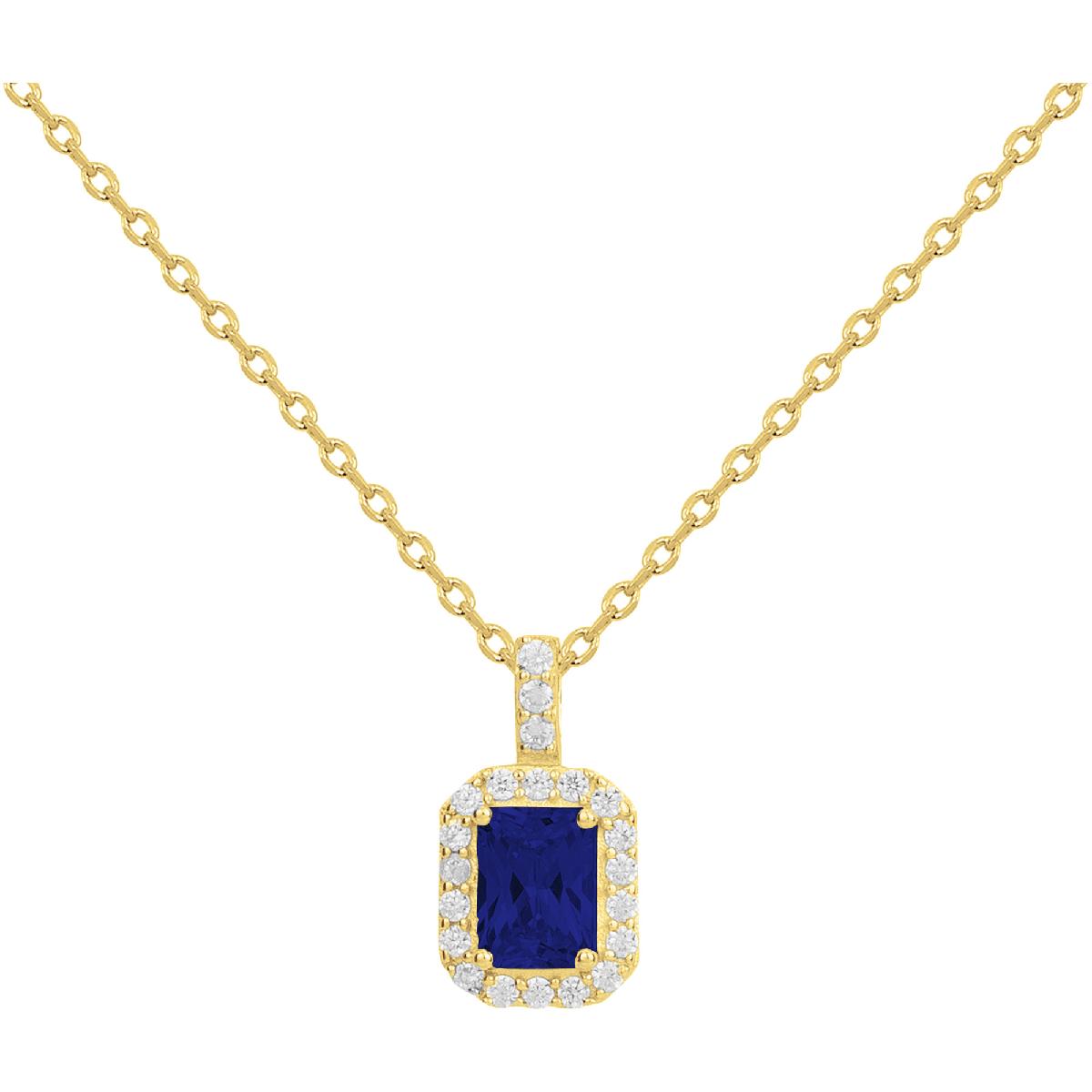 Collier Rectangle Pendentif Plaqué Or Avec Oxyde Teinté Bleu Entouré De Petits Oxydes De Zirconium