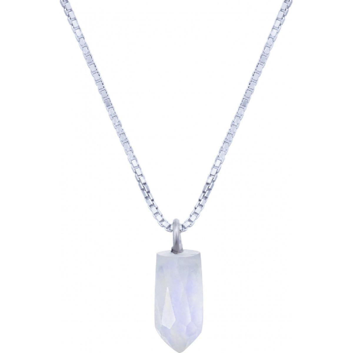 Collier simple Pierre de lune gravée longueur réglable chaîne fine brossée – Argent 925