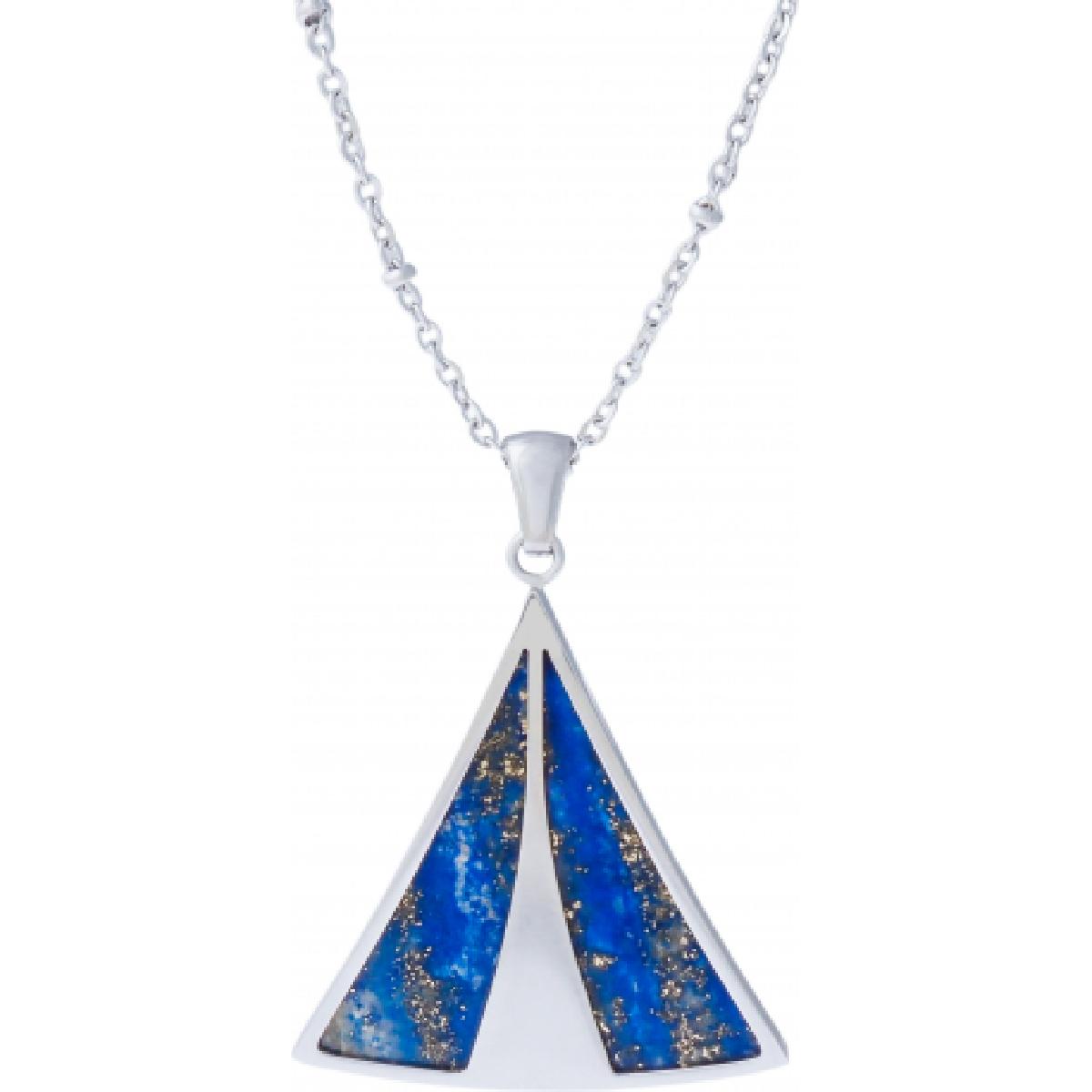 Collier Éventail Gravé à Motif Complexe, Finition Brossée en Acier Inoxydable – Lapis Lazuli
