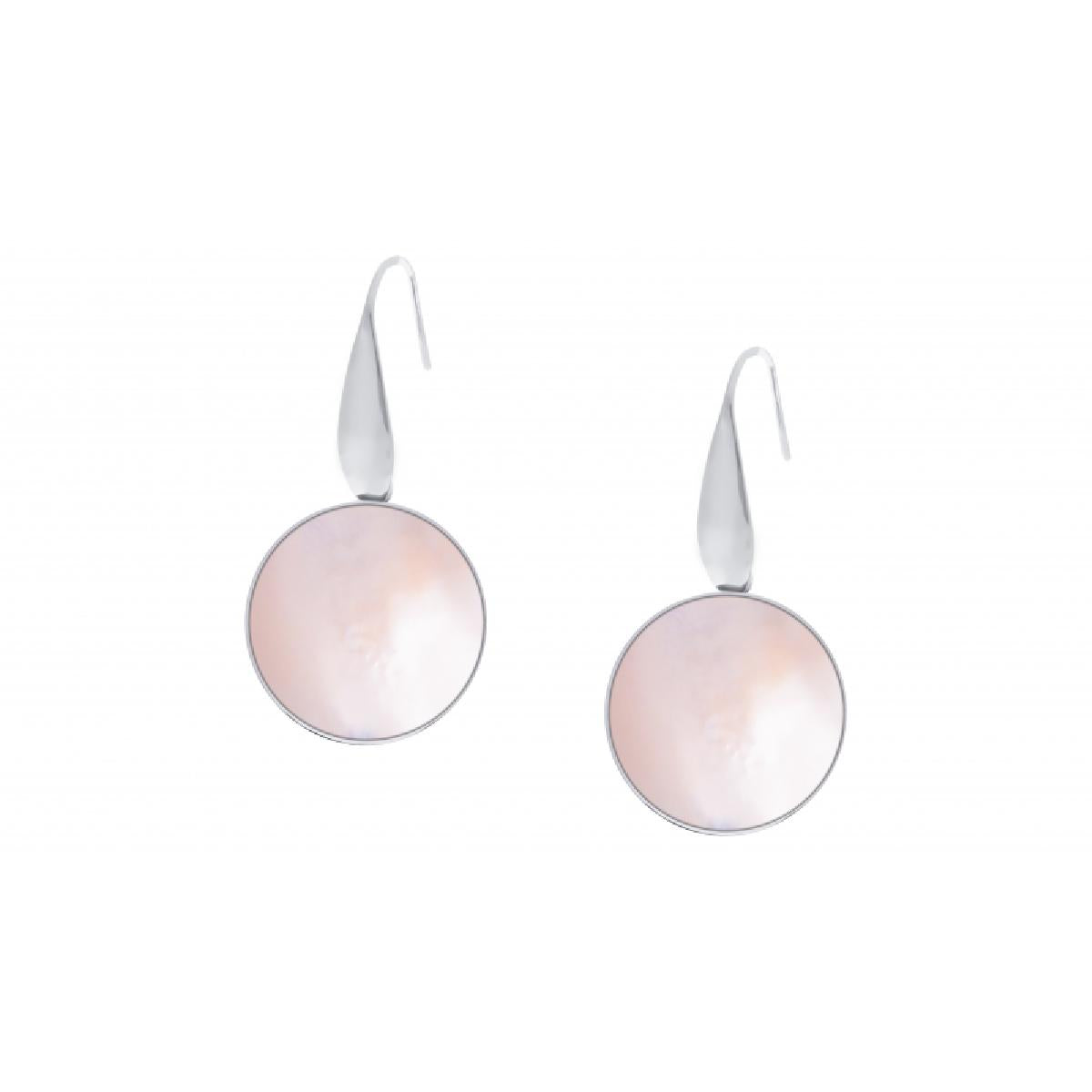 Boucles D'Oreilles Pendantes Nacre Rose Irisée Diamètre Pierre 18 Mm – Acier Inoxydable