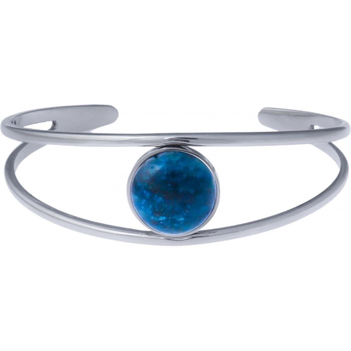 Bracelet Jonc Double Rang – Acier Inoxydable Argenté – Cabochon Apatite Naturelle