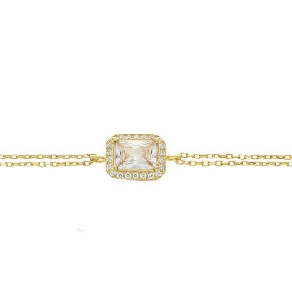 Bracelet AG925 Double Chaîne Pendentif Rectangulaire Oxyde De Zirconium Blanc – Argent Doré