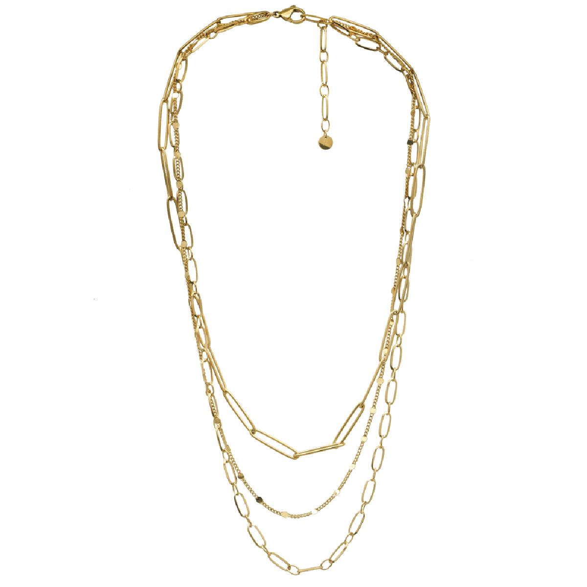 Collier Triple Rang Maille Ovales Acier Doré Longueurs 38, 41, 45 Cm Et Chaînette 5 Cm