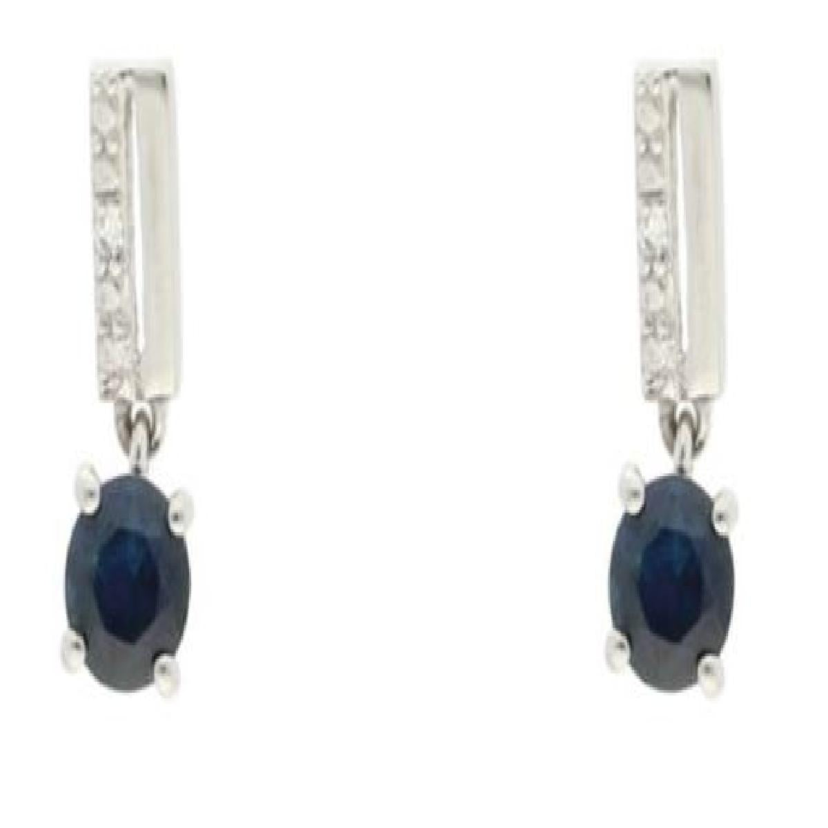 Boucles d'Oreilles Pendantes AU375 Or Blanc 9 Carats Serties de Diamants et Saphirs Bleus