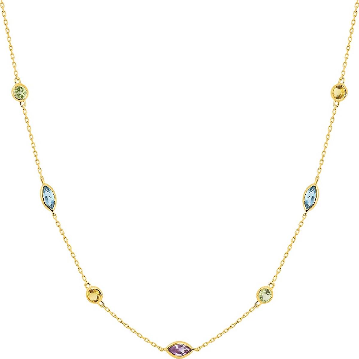 Collier or jaune 375/1000 topaze bleue péridot améthyste citrine 42 cm