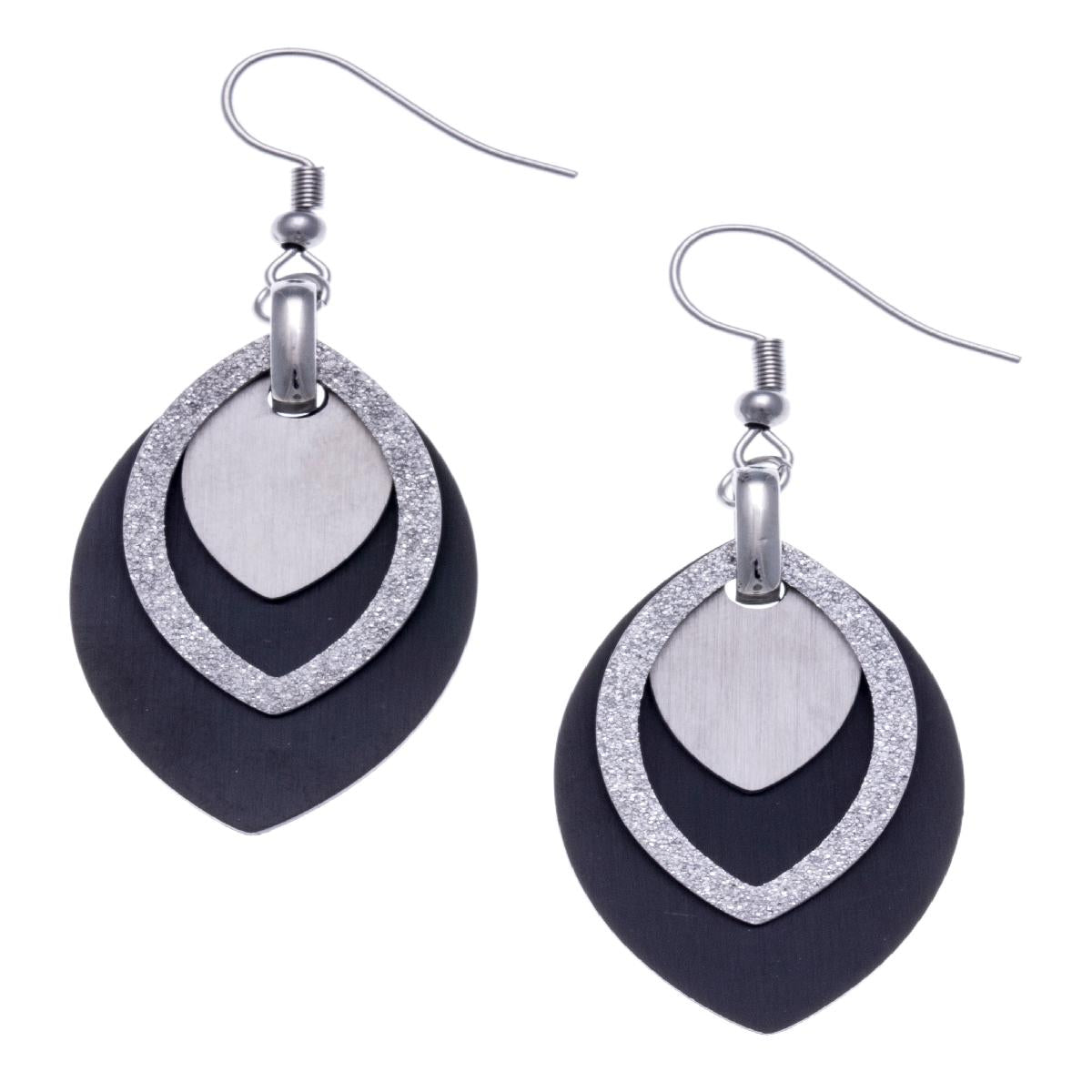 Boucles D'Oreilles Pendantes Ovales ALOÏZE Acier Noir Et Gris Satiné Fermoir Crochets
