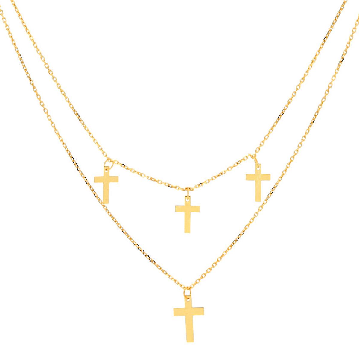 Collier AU375 Double Rang Croix Et Pampilles Gravées Longueur Standard – Or Jaune 9 Carats