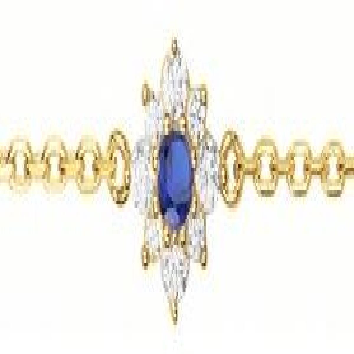 Bracelet Fleur Zirconium Oxydes Blancs Et Bleus Motif Floral Fin Plaqué Or Jaune