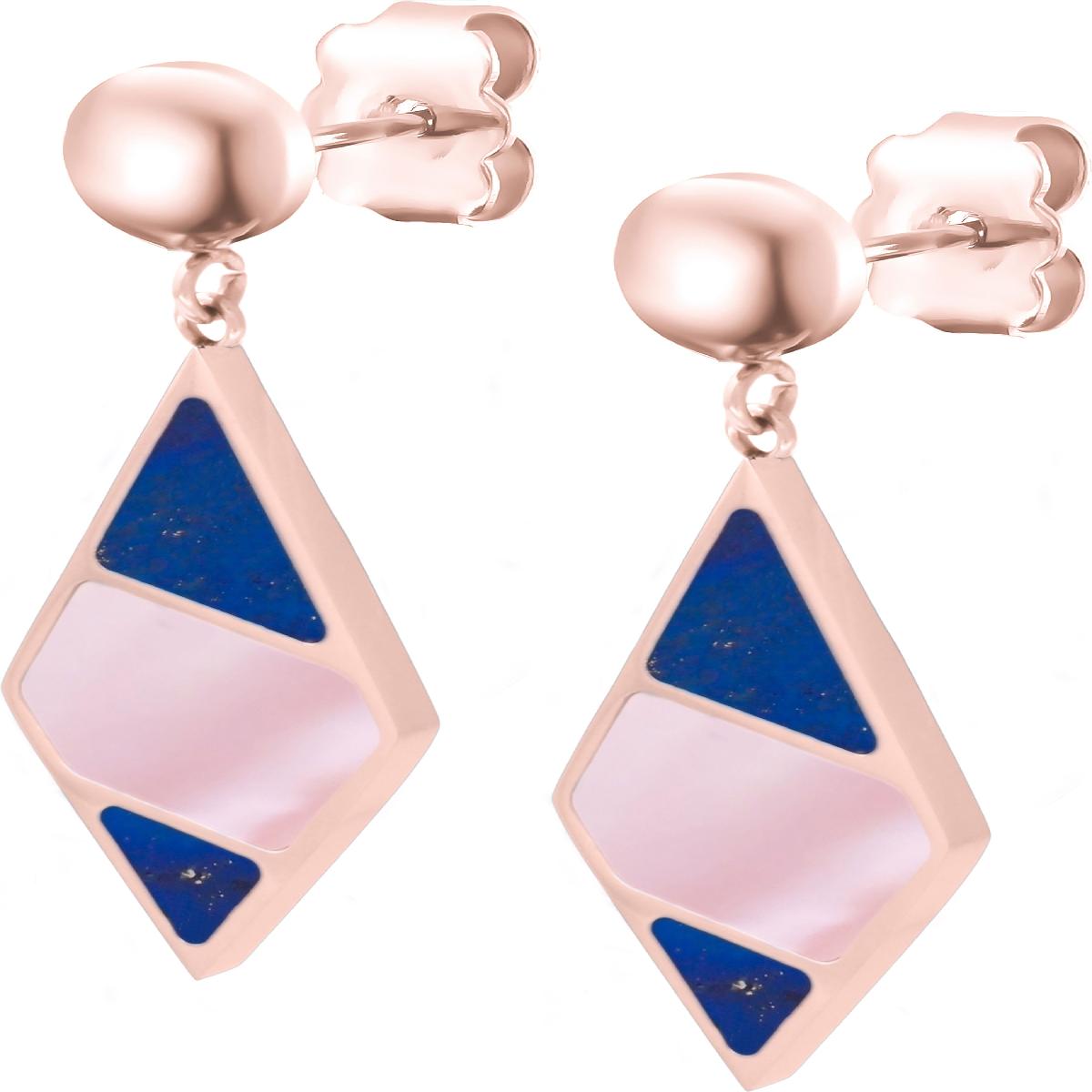 Boucles D'Oreilles Pendantes – Lapis Lazuli Et Nacre Rose – Acier Rosé Brossé Satiné