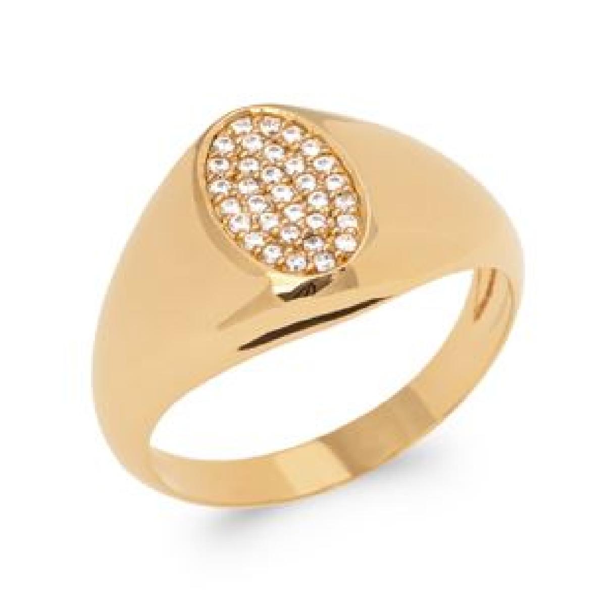 Bague Chevalière Pavée de Zirconium sur Plateau Ovale Eleonora – Or Jaune Plaqué 750/1000