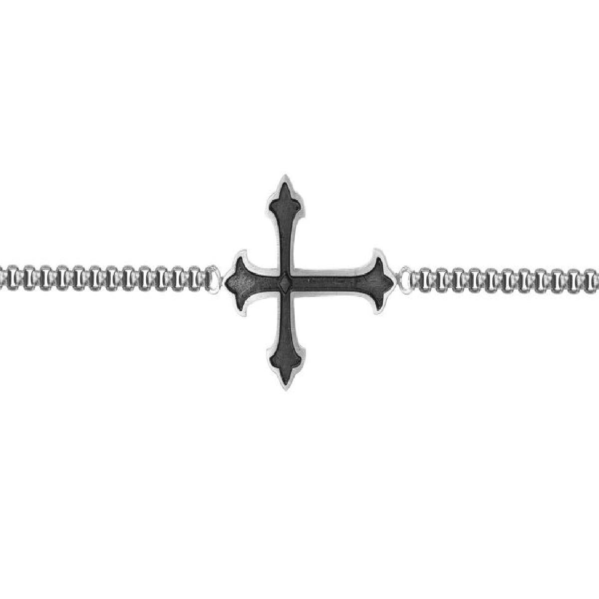 Bracelet Homme Croix Laquée Noire – Acier, Longueur 18,5 Cm Et Rallonge Intégrée De 3 Cm