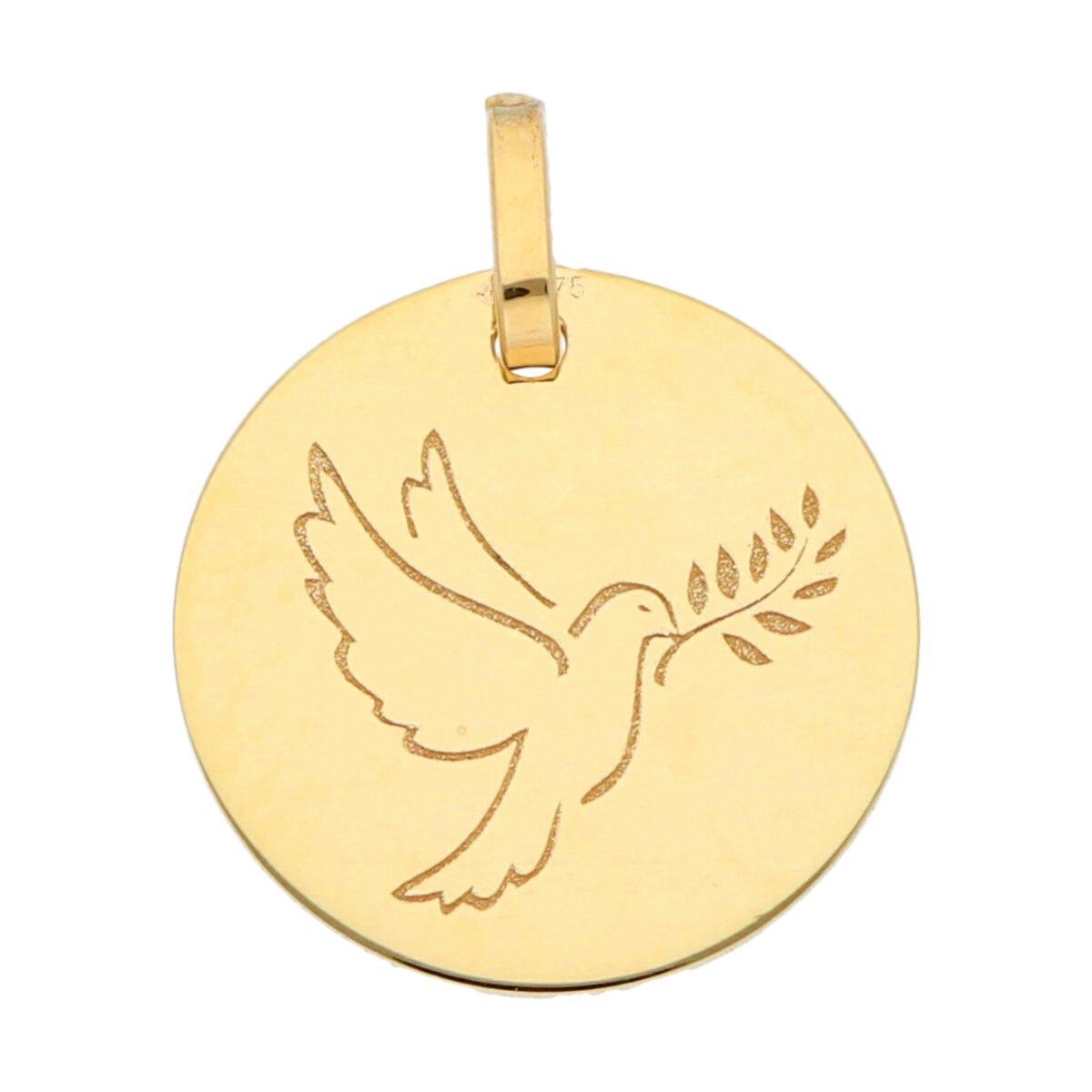 Pendentif Colombe Gravée Sur Médaille Ronde Ornée D'une Gravure Fine – Or Jaune 375/1000