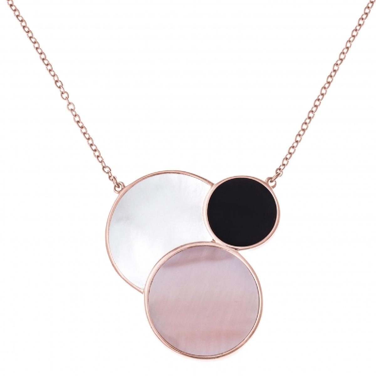 Collier Trois Cercles Acier Inoxydable Rosé et Onyx Pendentif Formé De Trois Cercles De Tailles Différentes