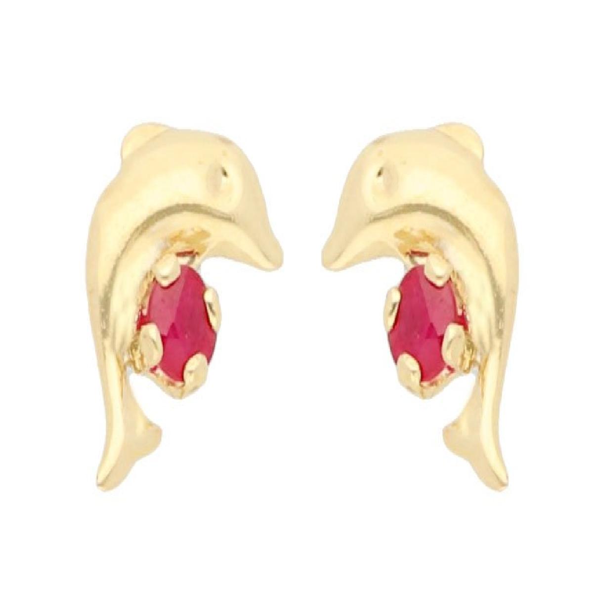 Boucles d'oreilles dauphin rubis gravés AU375 modèle enfant gravé - Or jaune 9 carats