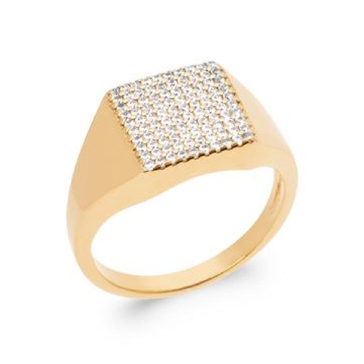 Chevalière Pavée Carré Oxydes Zirconium Brillant Fin – Or Jaune 18 Carats 750/1000