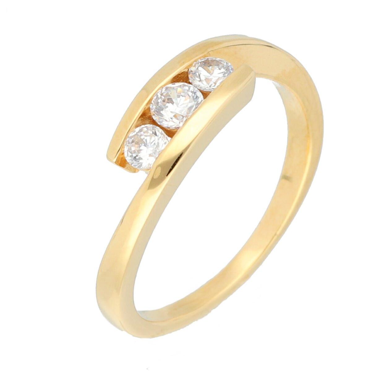 Bague Trois Pierres Oxydes Zirconium Demi-Clos Tailles 48 à 62 – Or Jaune Plaqué
