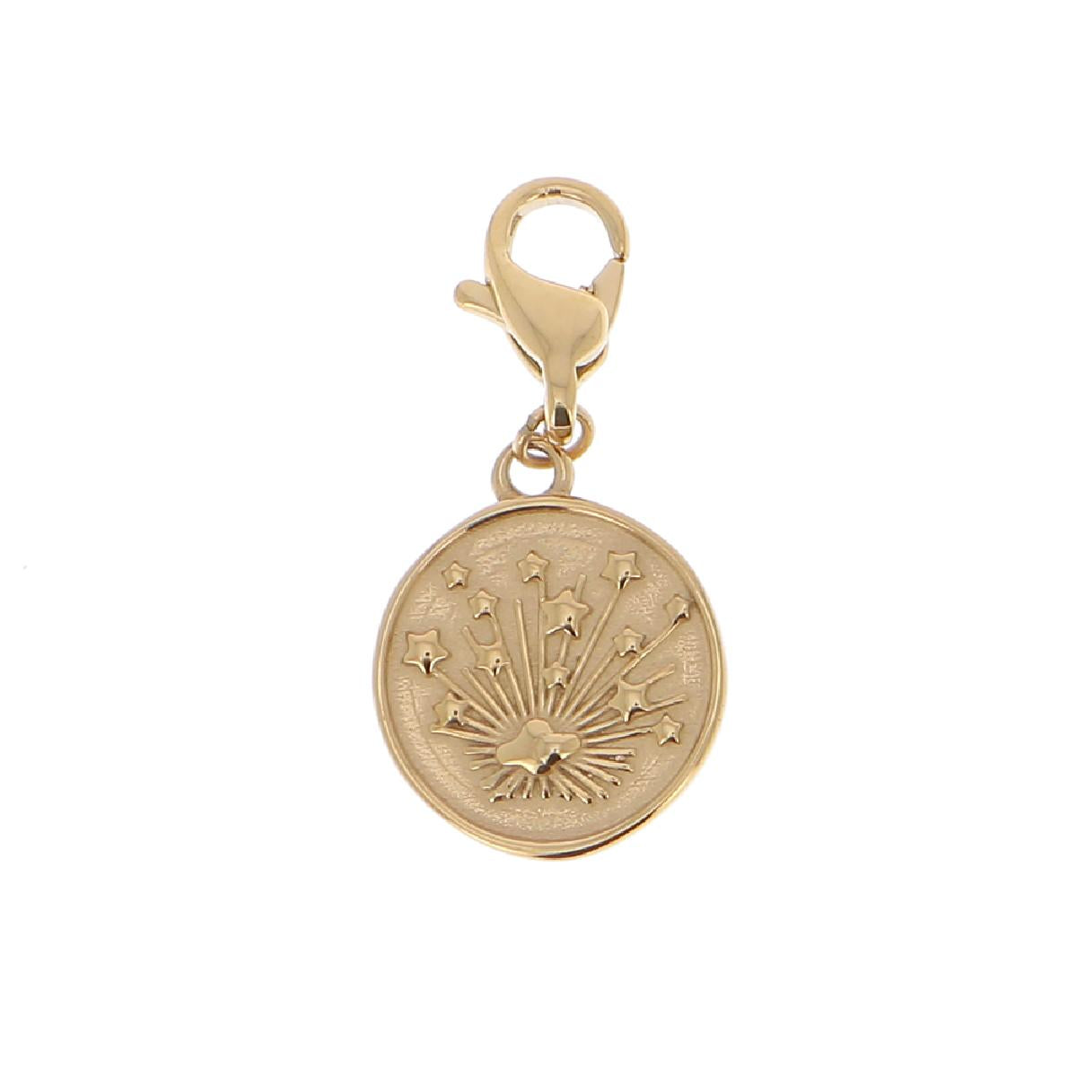 Pendentif Pampille Ronde Étoilée pour Chaîne à Large Maille Acier Doré Martelé Poli