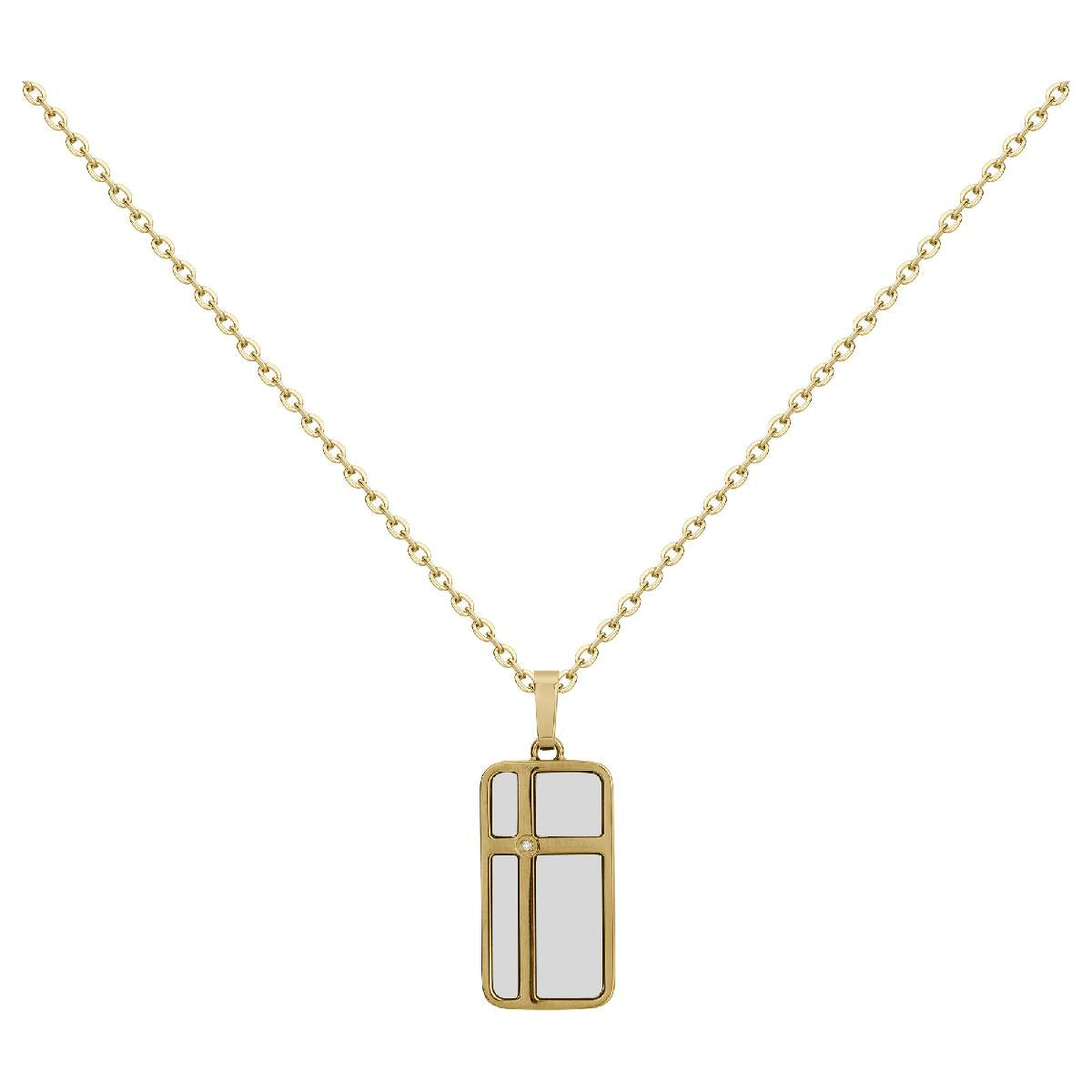Collier Croix Excentrée Rectangulaire Dorée Avec Diamant Central Sur Fond Argenté Brossé – Acier Bicolore