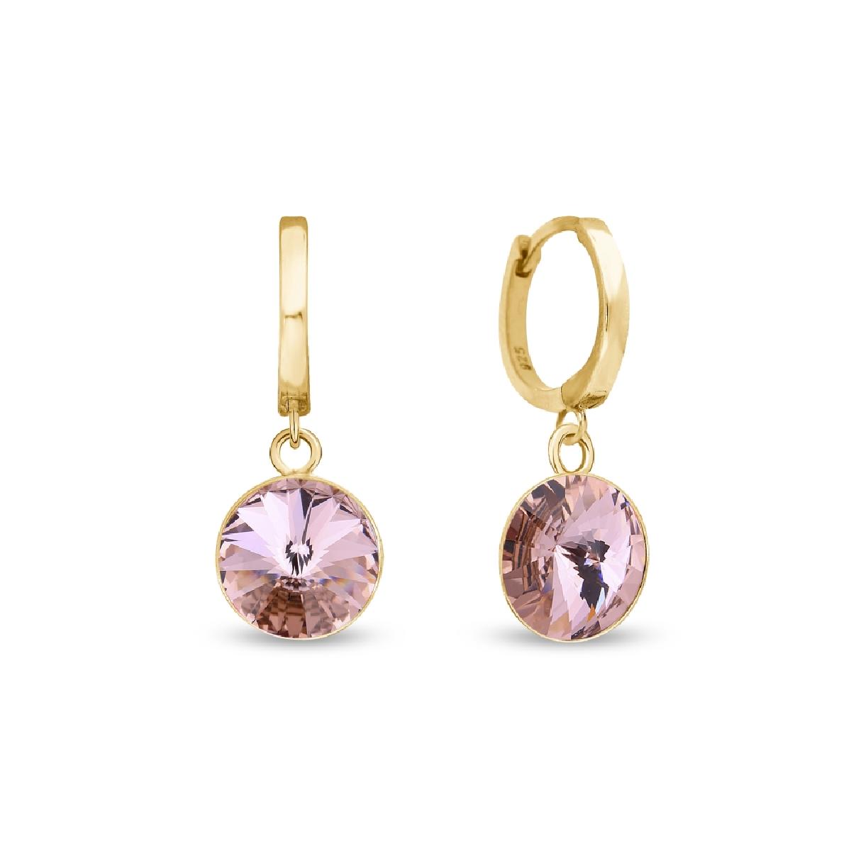 Boucles D'Oreilles AG925 Argent Doré 925/1000 Petites Créoles Ornées de Cristaux Roses Facettés
