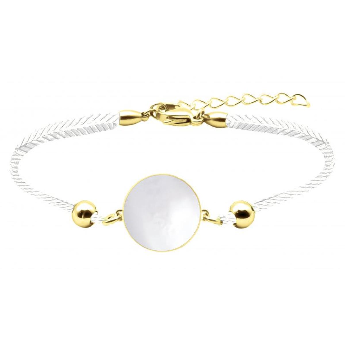 Bracelet Nacre Ronde 18 mm Cordon Blanc Tressé et Fermoir Réglable Orné de Détails – Acier doré