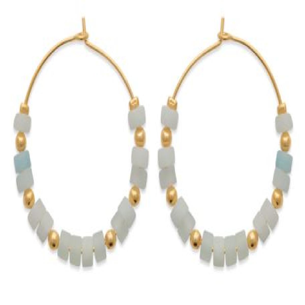 Boucles d'oreilles Créoles 30 mm Amazonite bleu clair – Plaqué Or Jaune 18 carats