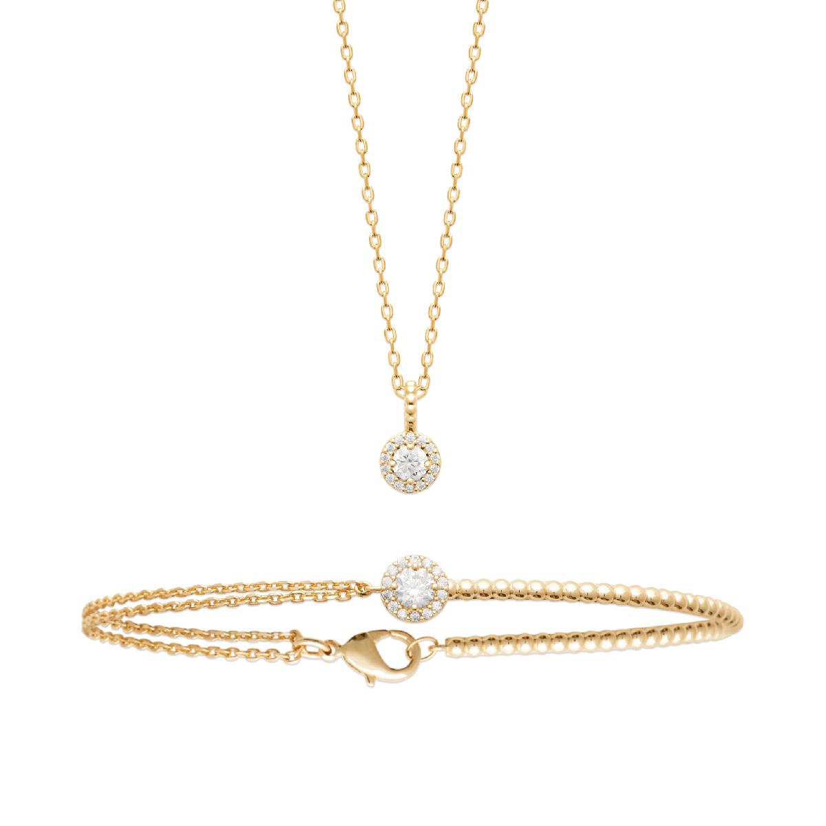 Bracelet Semi-Rigide Perlé et Chaînes Maille Forçat Zirconium Serti D'Oxydes De Zirconium – Or Plaqué Jaune
