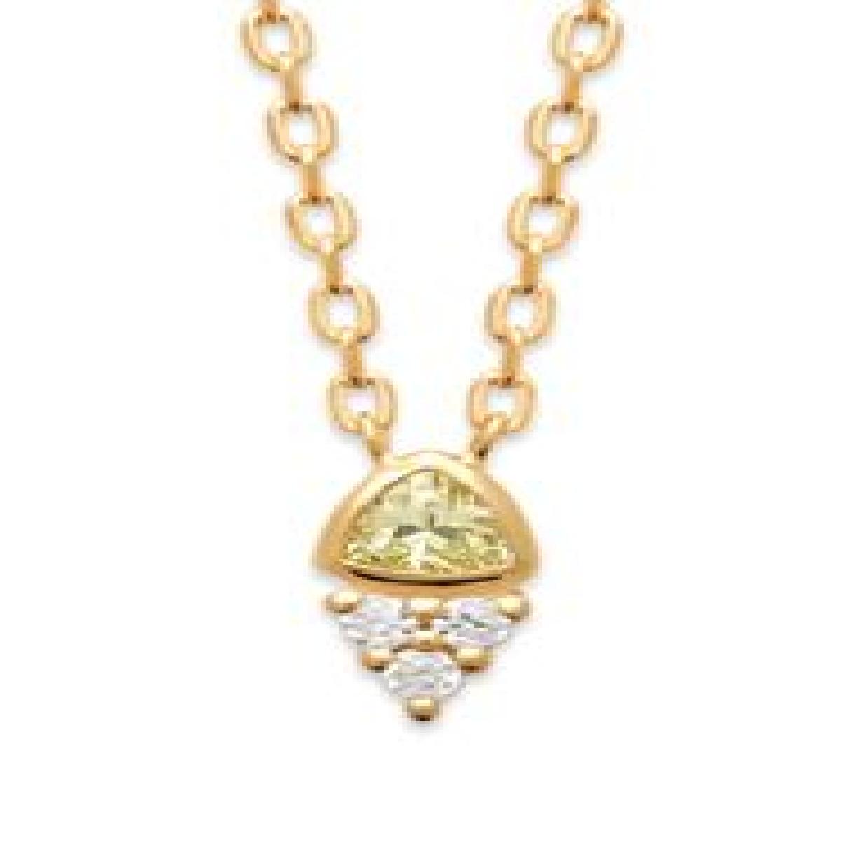 Collier - Zirconium Pendentif Triangles Sertis Oxydes Blancs Et Vert Clair - Plaqué Or Jaune 3 Microns