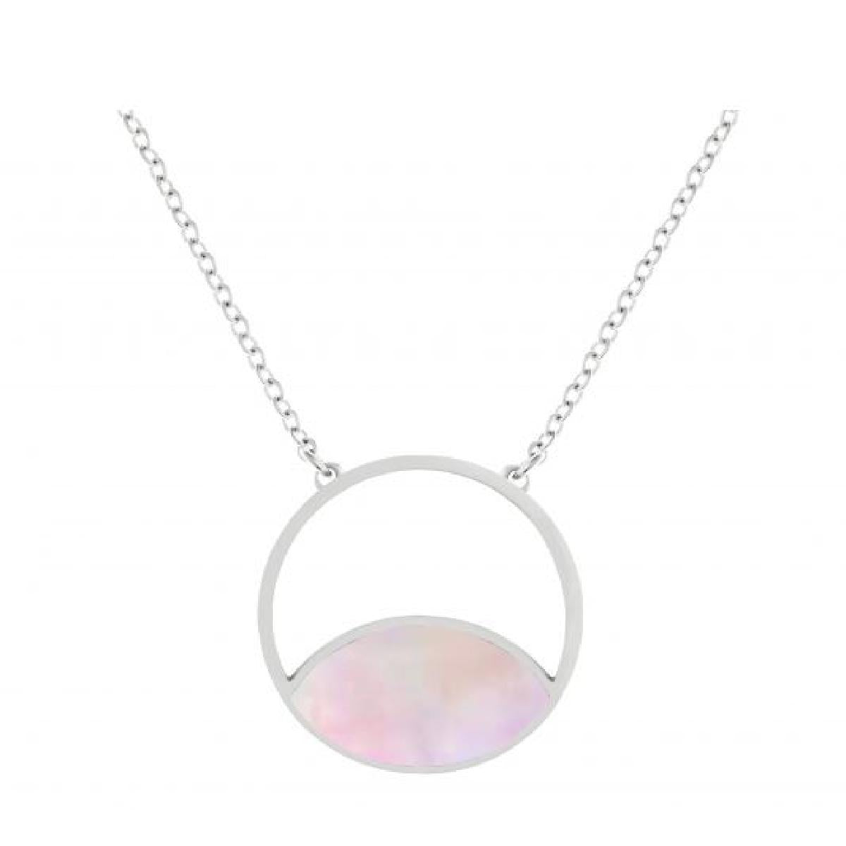 Collier Motif Rond Ajouré Nacre Rose Longueur 45 Cm Et Chaînette 5 Cm – Acier Inoxydable