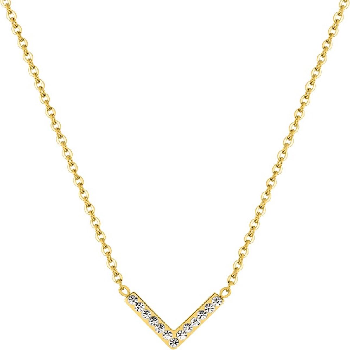Collier Pendentif V Serti D'Oxydes De Zirconium Ornamenté De Cristaux – Acier Doré