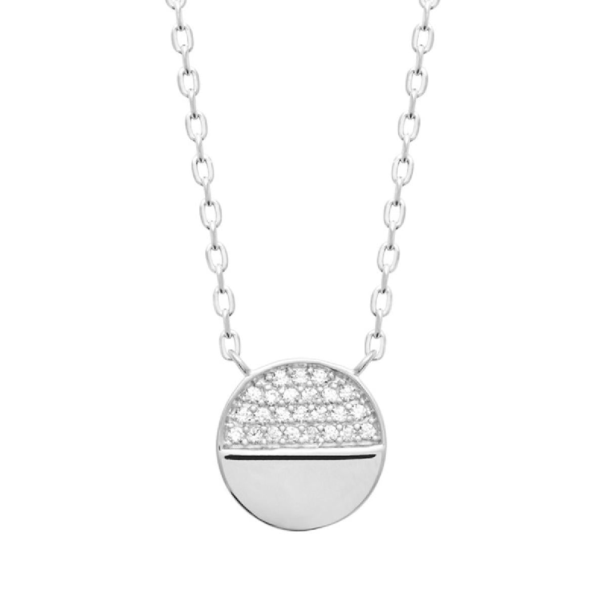 Collier AG925 Pastille Circulaire Pavée D'Oxydes Brillants – Argent Rhodié 925/1000