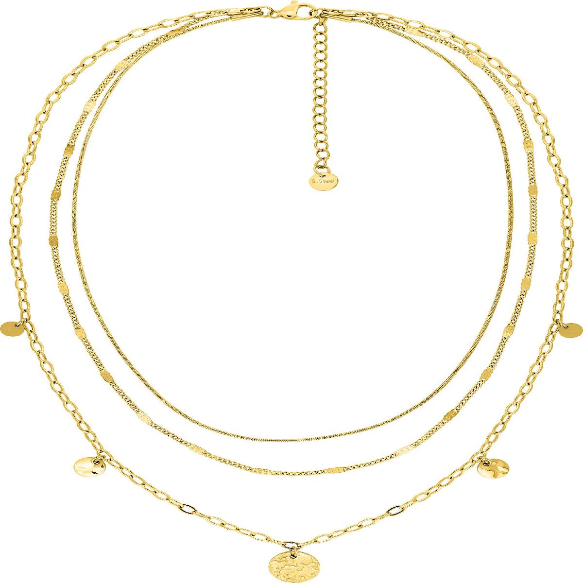 Collier Multirangs Pampilles Rondes et Chaînes Forçat Gourmette 3 Rangs – Acier Doré