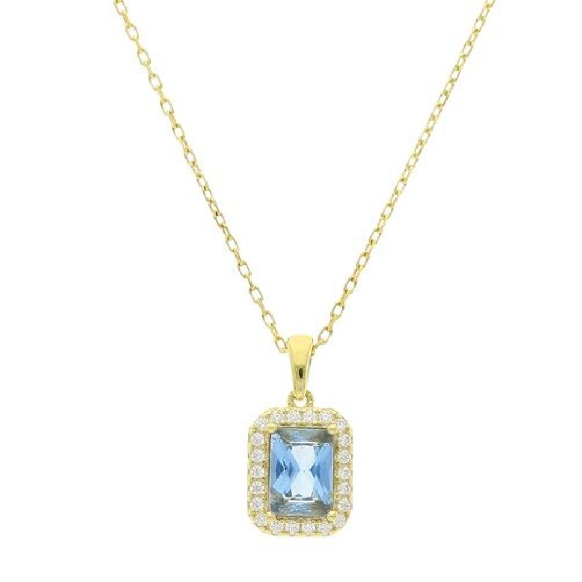 Collier AG925 Zirconium Bleu Rectangulaire Entouré D'Oxydes Blancs – Argent Doré