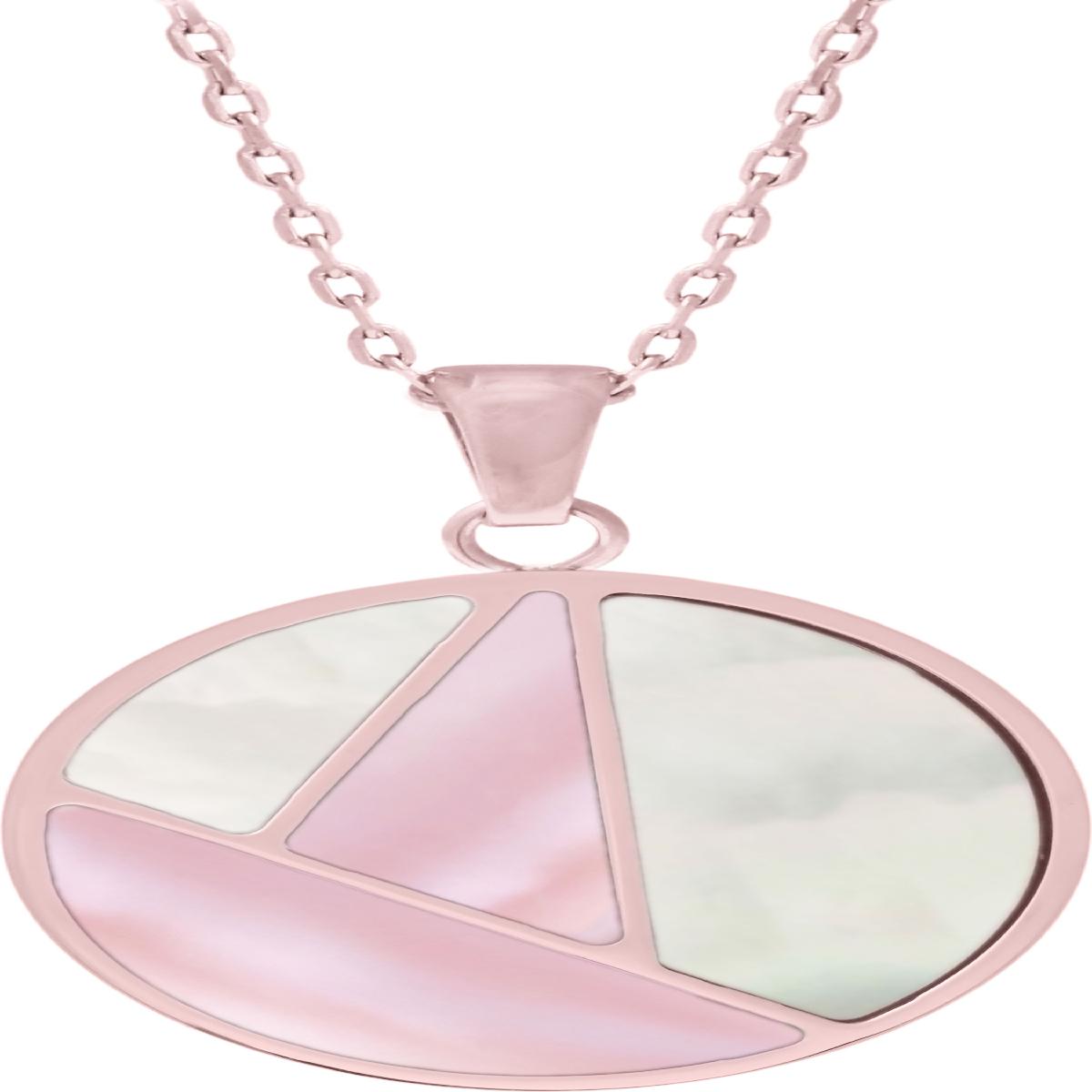 Collier Pendentif Rond Nacré Rose et Blanche, Motifs Géométriques Sculptés – Acier Rosé