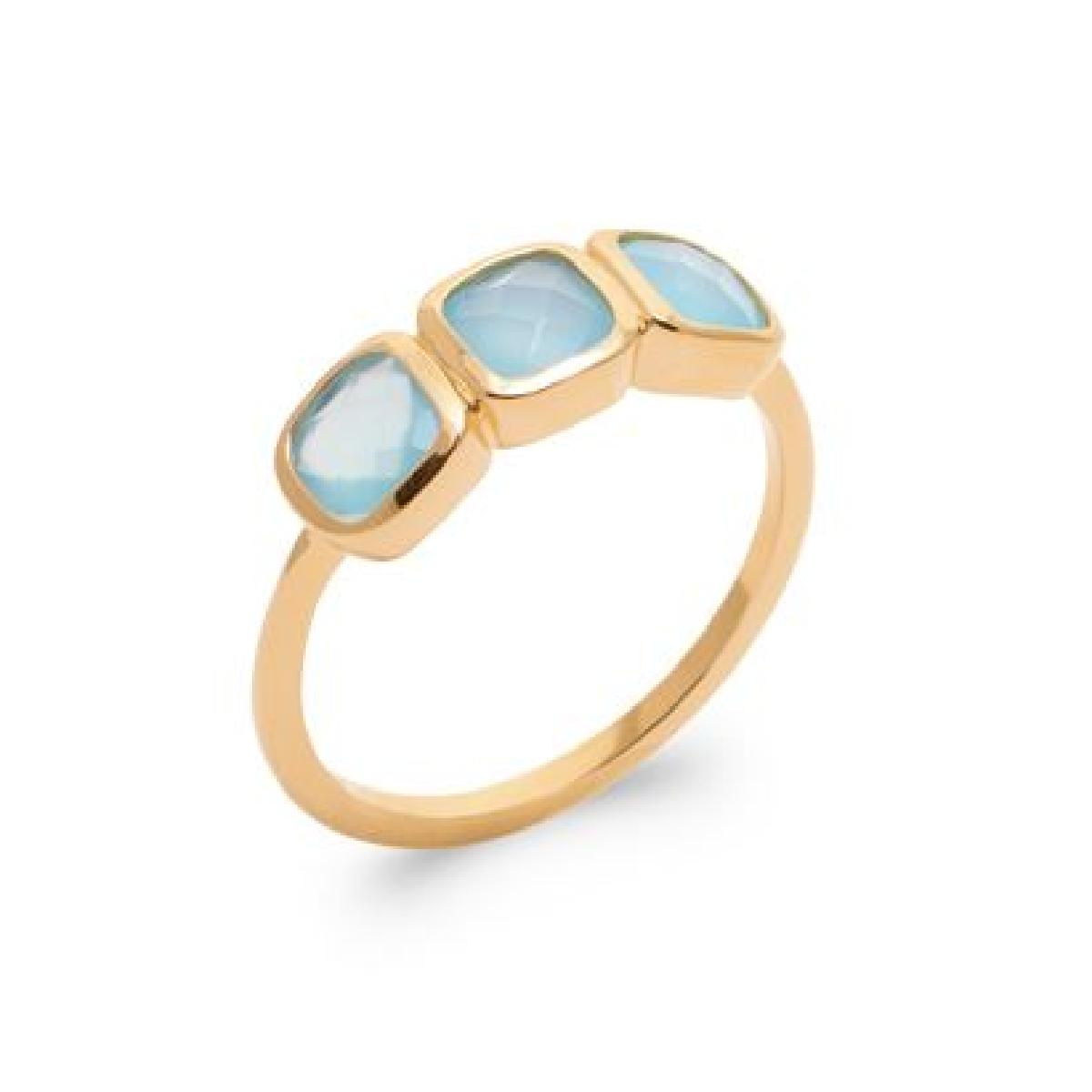 Bague Agathe – Plaqué Or Jaune 750/1000 Avec Trois Agates Carrées Très Bleu Pastel