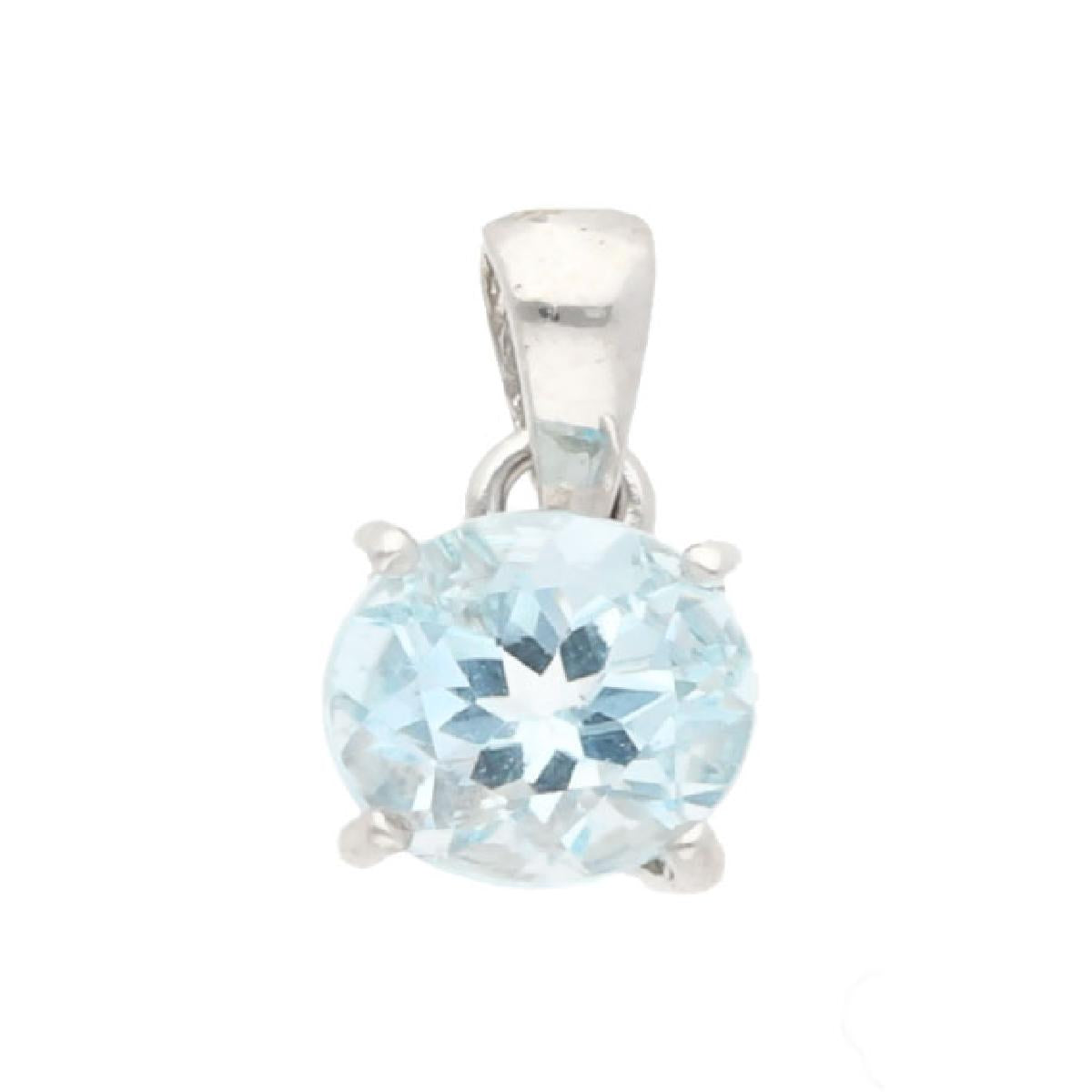 Pendentif Topaze Bleue Ronde Facettée Sertie Sur Monture Épurée – Or Blanc 375/1000