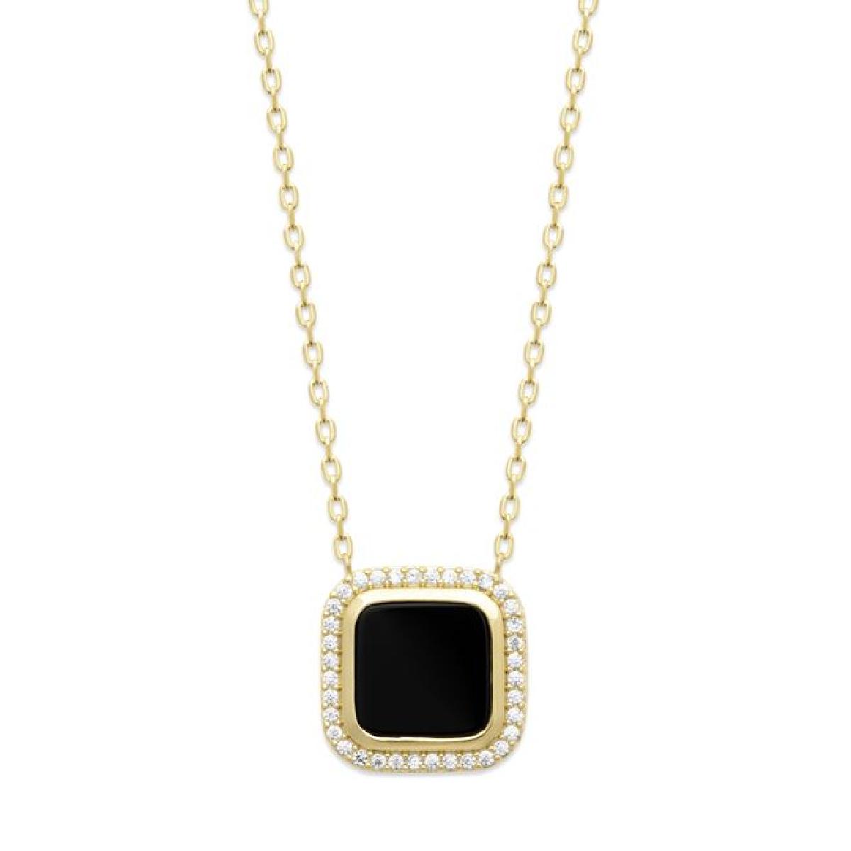 Collier Agathe Carré Noir Agate Entouré D'Oxydes De Ziconium Serti Fin – Or Plaqué
