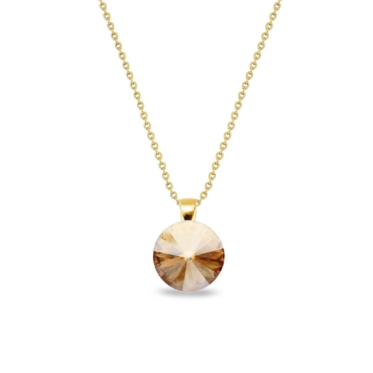 Collier AG925 Argent Doré 925/1000 Pendentif Rond Cristal Champagne Facetté Longueur 45 Centimètres Chaîne Ajustable
