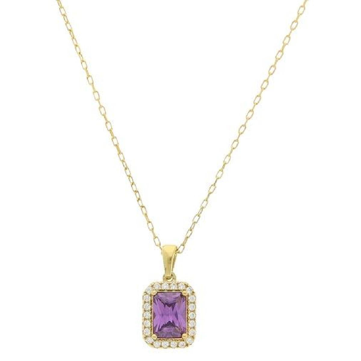 Collier AG925 – Argent – Pendentif Rectangulaire en Oxyde de Zirconium Violet Entouré de Zircons Blancs