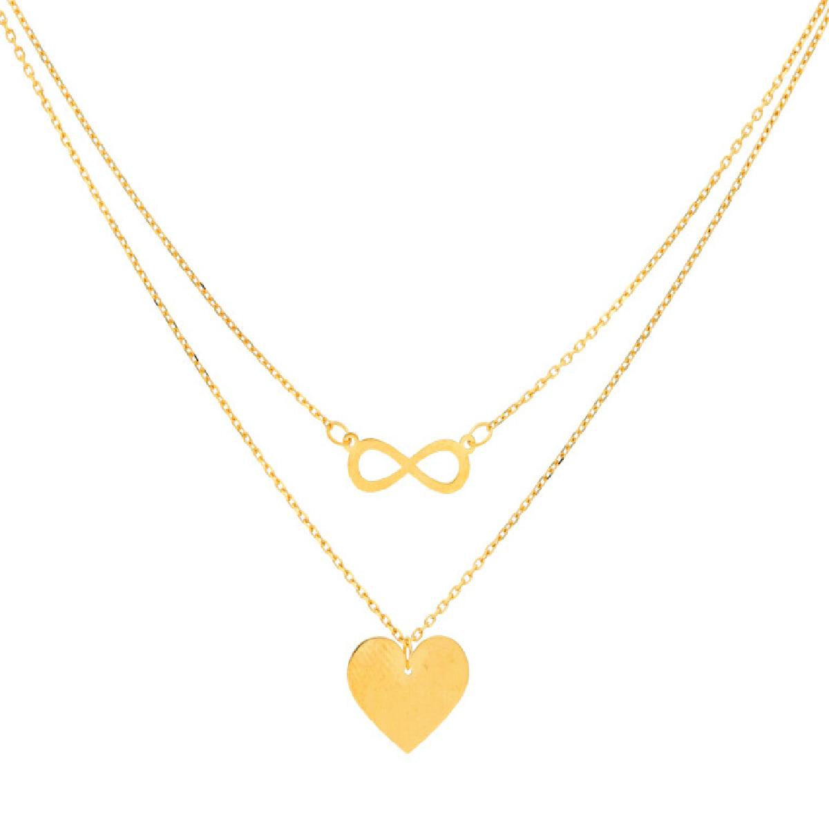 Collier Double Rang Infini Coeur Suspendus Gravés Chaîne Délicate – Or Jaune 375/1000