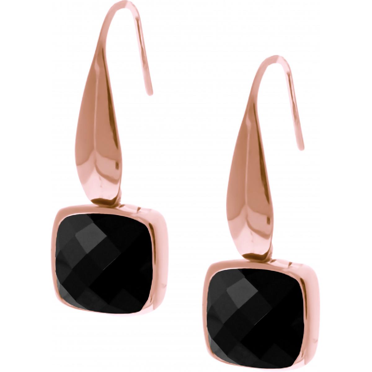 Boucles D'Oreilles Pendantes Onyx Carré Facetté Couleur Noir Profond – Acier Rosé