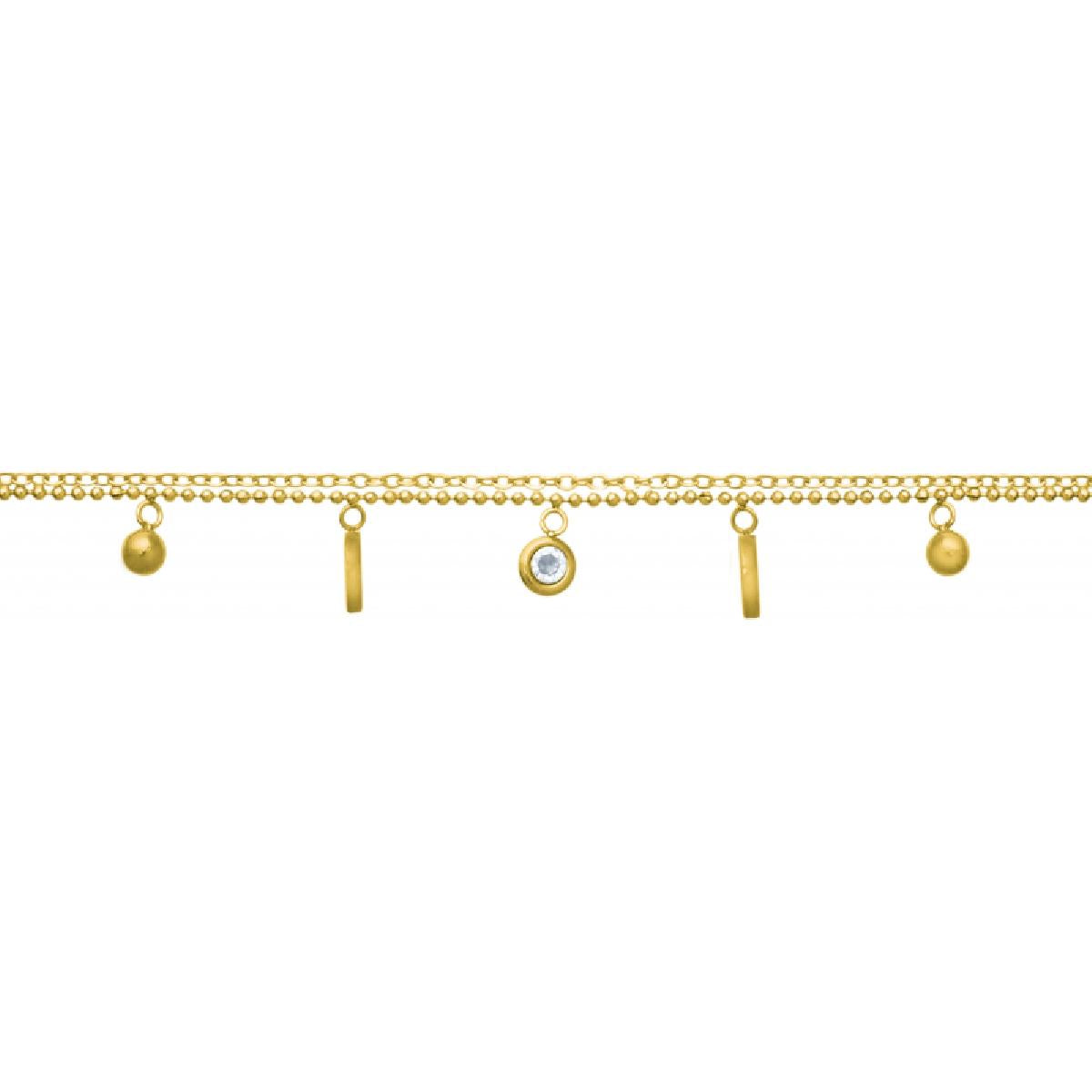 Chaînes de Cheville Double Rangs Maille Forçat Pampilles Rondes et Bâtons Oxyde Zirconium – Acier Doré