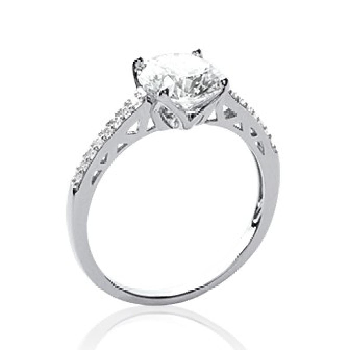 Bague Solitaire AG925 – Argent Rhodié 925/1000 Serti 4 Griffes et 2 Rangs Oxydes de Zirconium