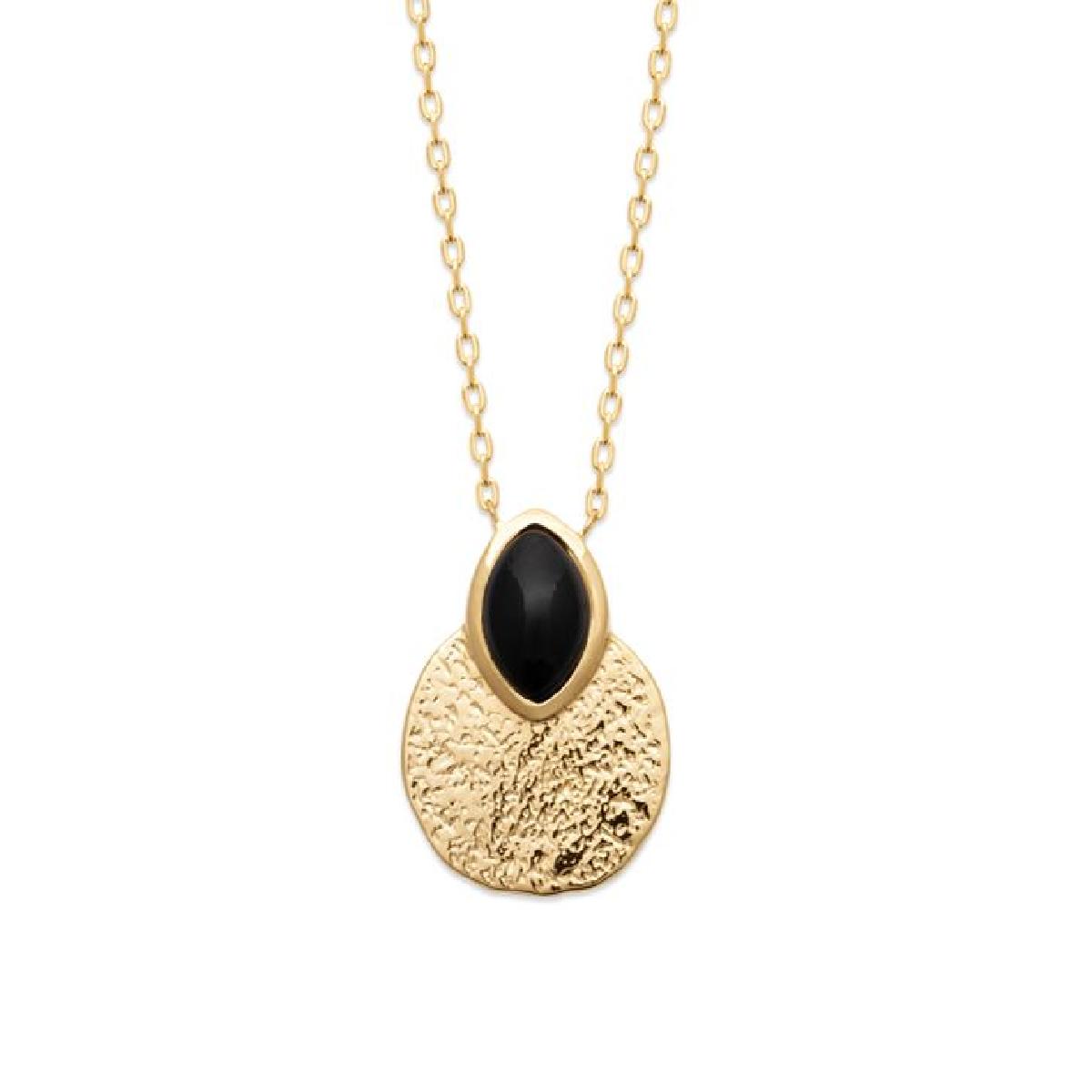 Collier Agathe Navette En Plaqué Or Jaune 750/1000 3 Microns Agate Noire Véritable Longueur 45 Cm