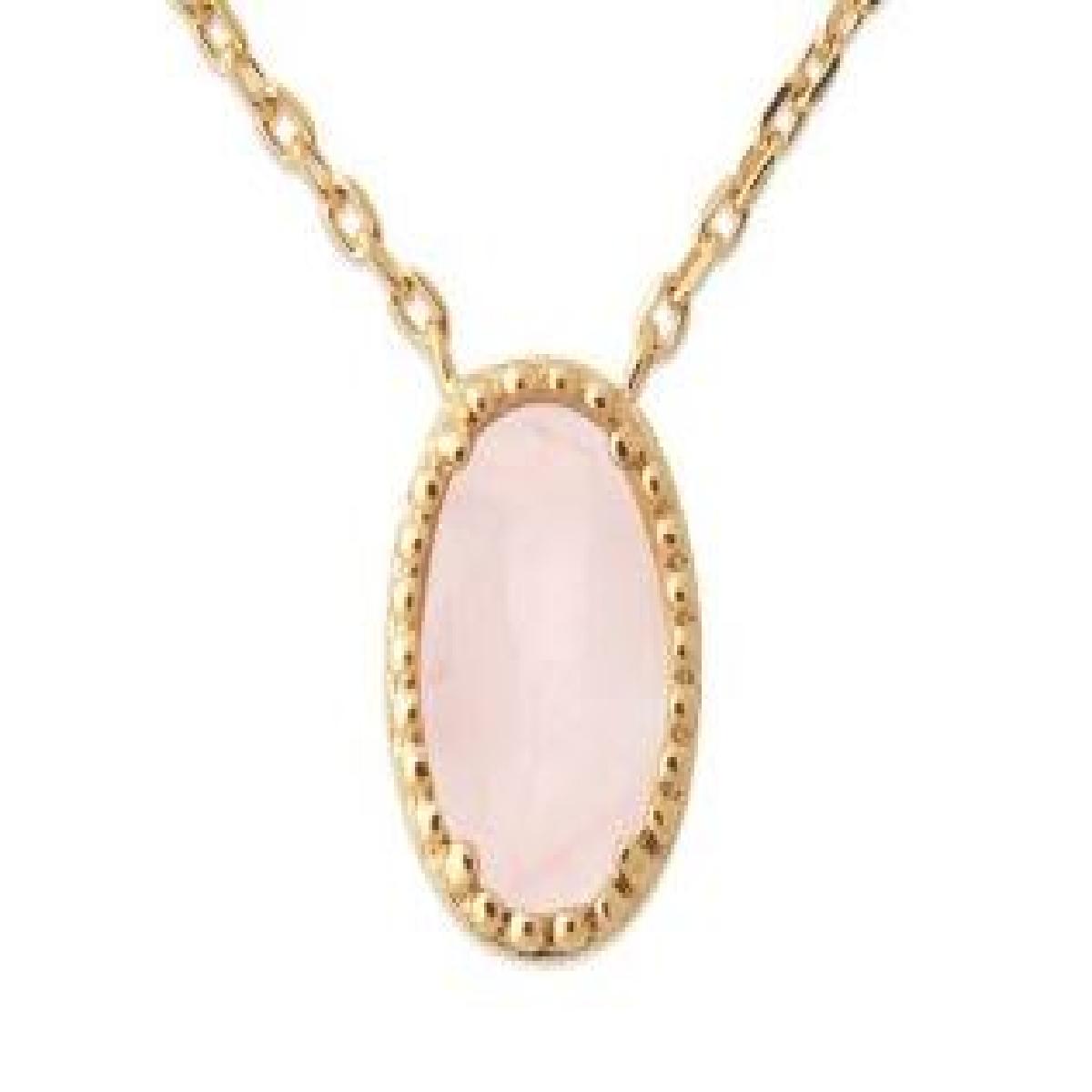 Collier Quartz Rose Ovale Serti Perlée Finement Taillé – Plaqué Or Jaune 3 Microns