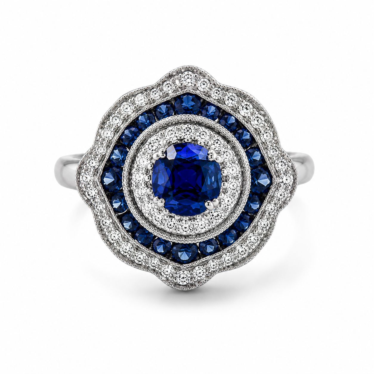 Bague Or Blanc 750 Saphirs 1,30 Carats Diamants GH SI 0,45 Carats